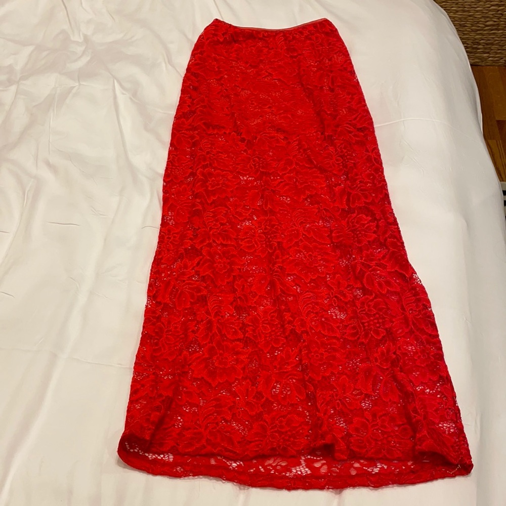 bright red lace maxi skirt